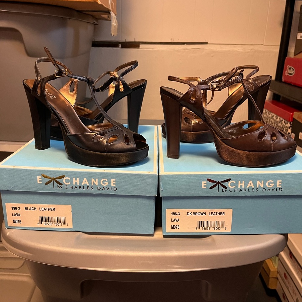 Charles David Leather Black and Brown Leather Heels with Platform Sole